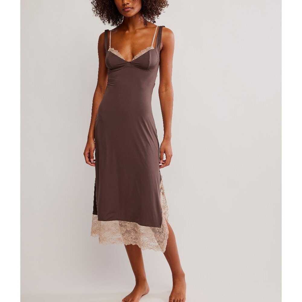 Free People Brown Slip Chemise with Cream Lace Trim - Picture 5 of 9